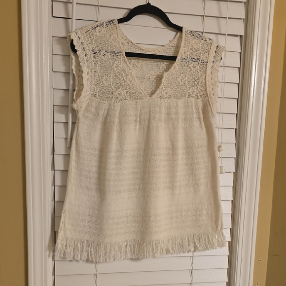Cream Ruffled Lace Blouse with V-Neck - Picture 1 of 10